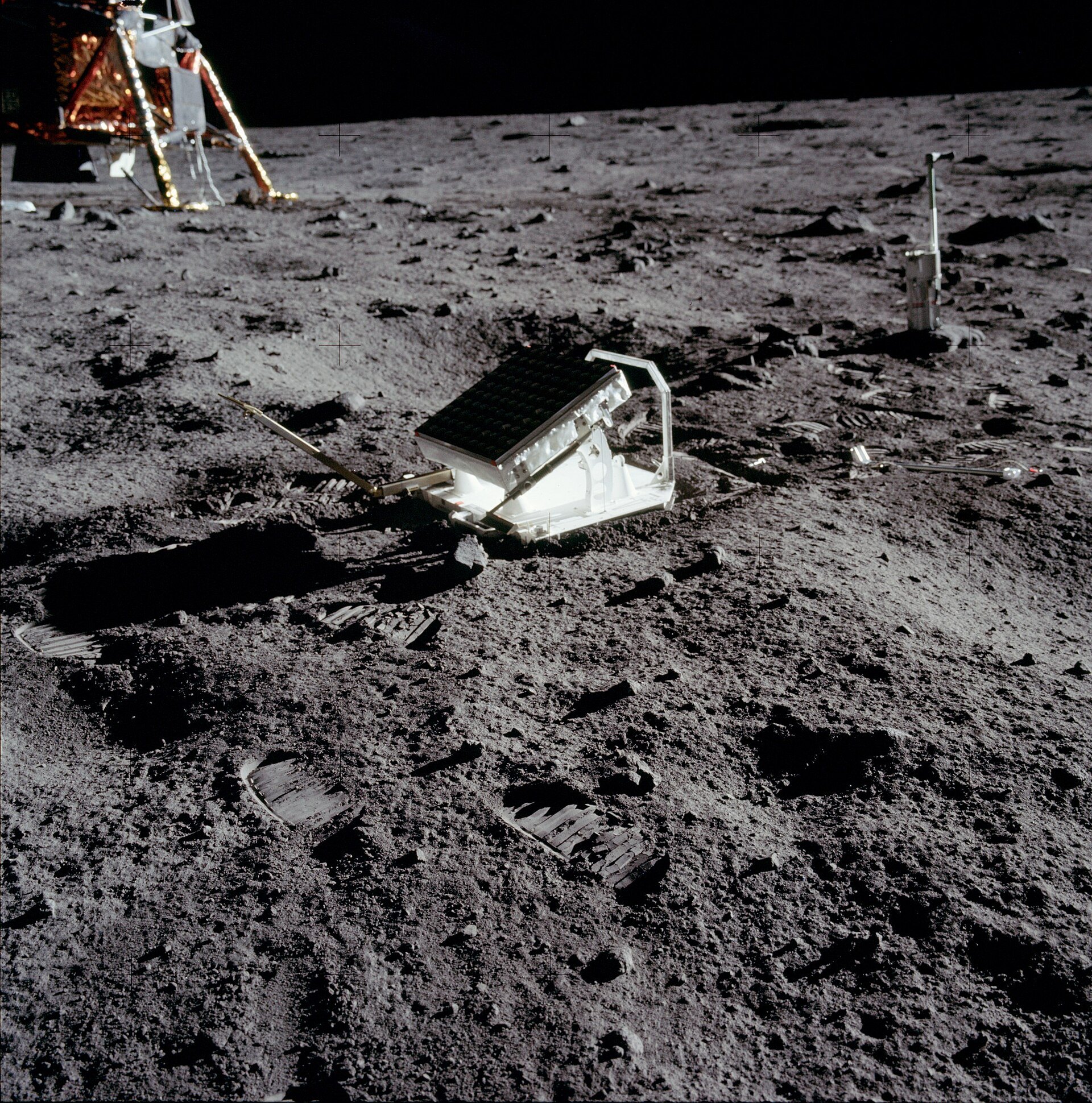 The laser ranging retroreflector set up by the Apollo 11 crew. Observatories still bounce lasers off it.