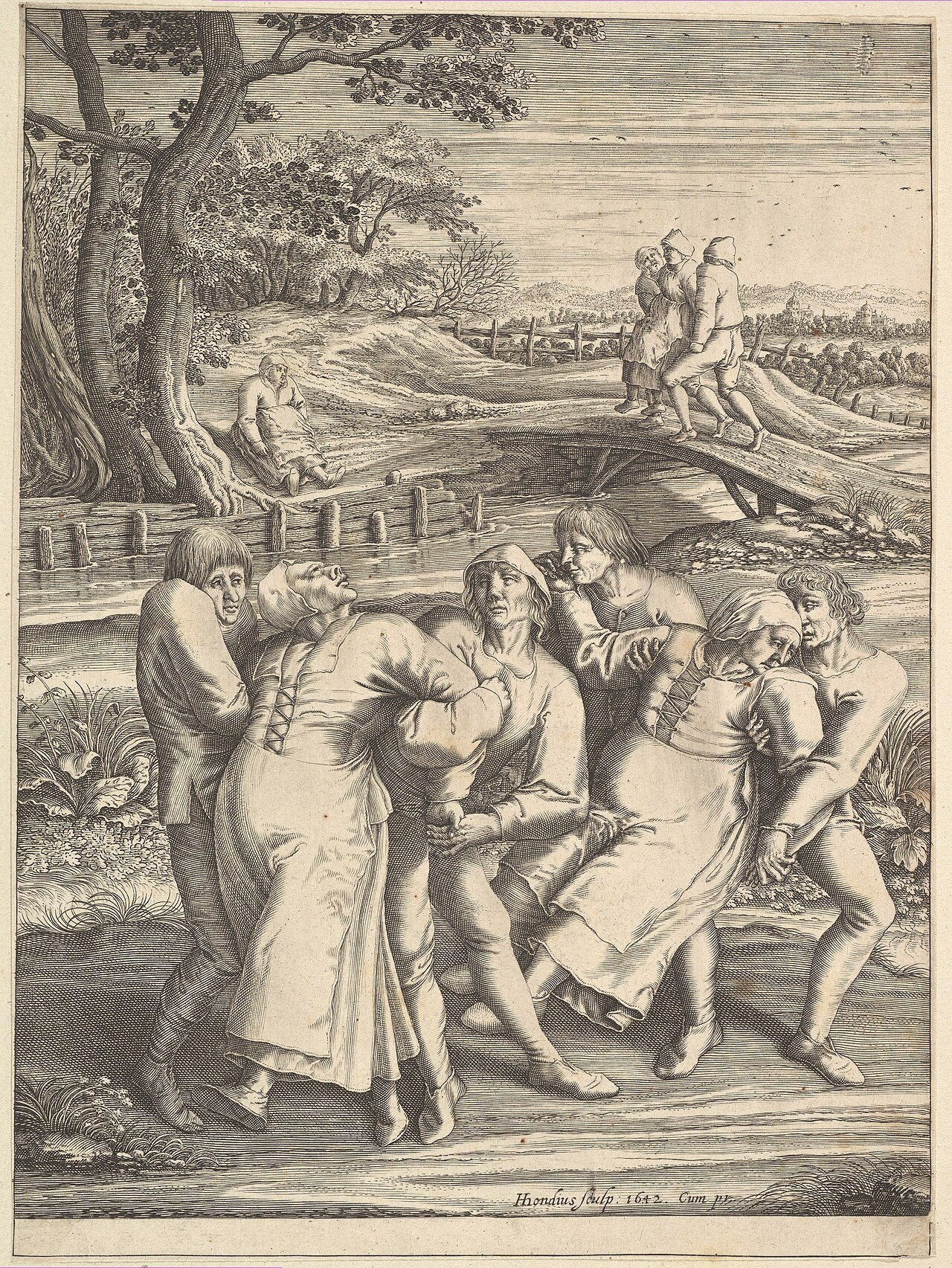 Pilgrims gripped by "dancing mania" led to the church at Molenbeek, from a print after Pieter Bruegel the Elder's 1564 drawing.