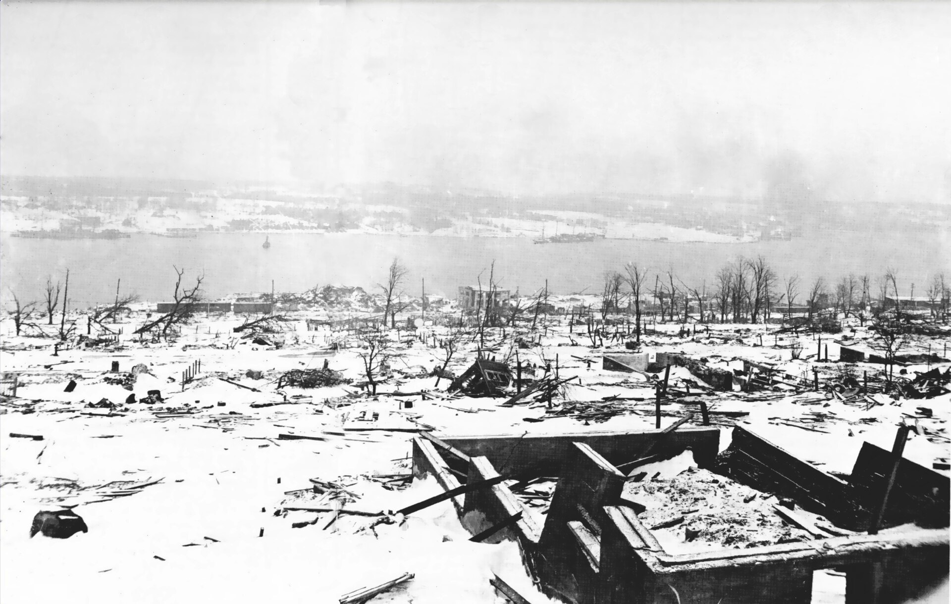 The devastated Richmond district after the blast, looking across the harbour. The Imo lies aground on the far shore.