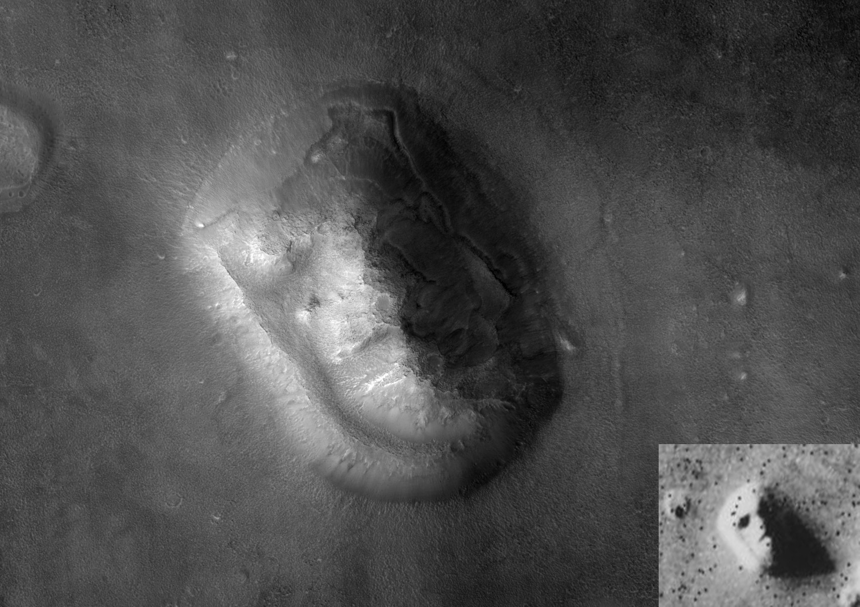 The same mesa at far higher resolution from a later NASA orbiter, with the 1976 Viking view inset at the bottom right.