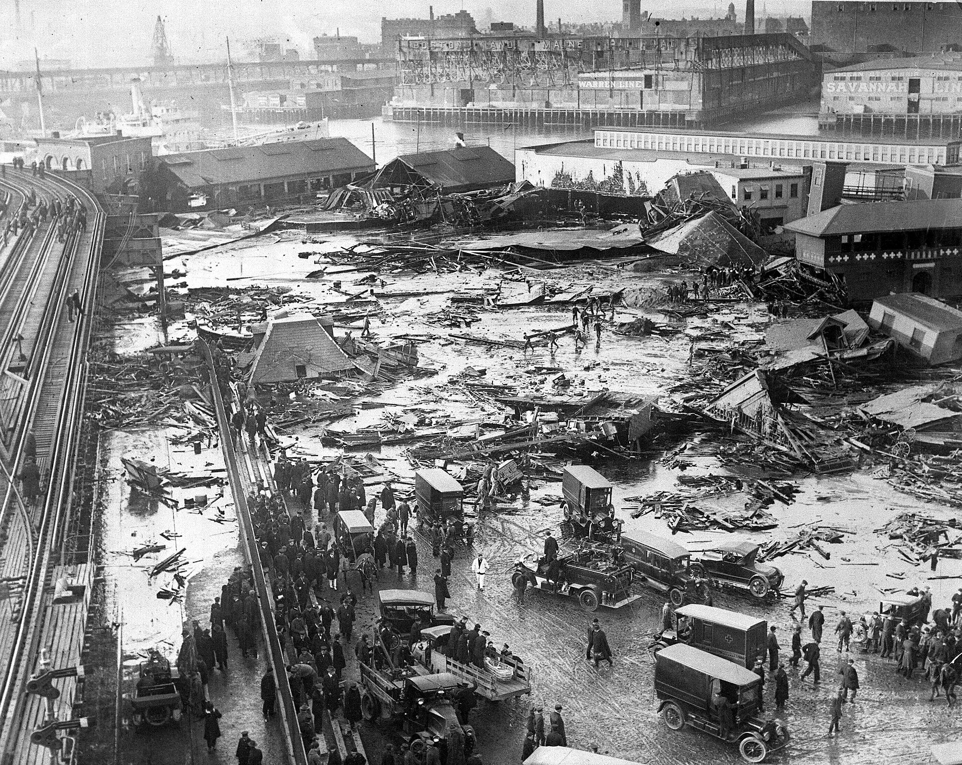 Wreckage in Boston's North End after the molasses tank burst, January 1919.