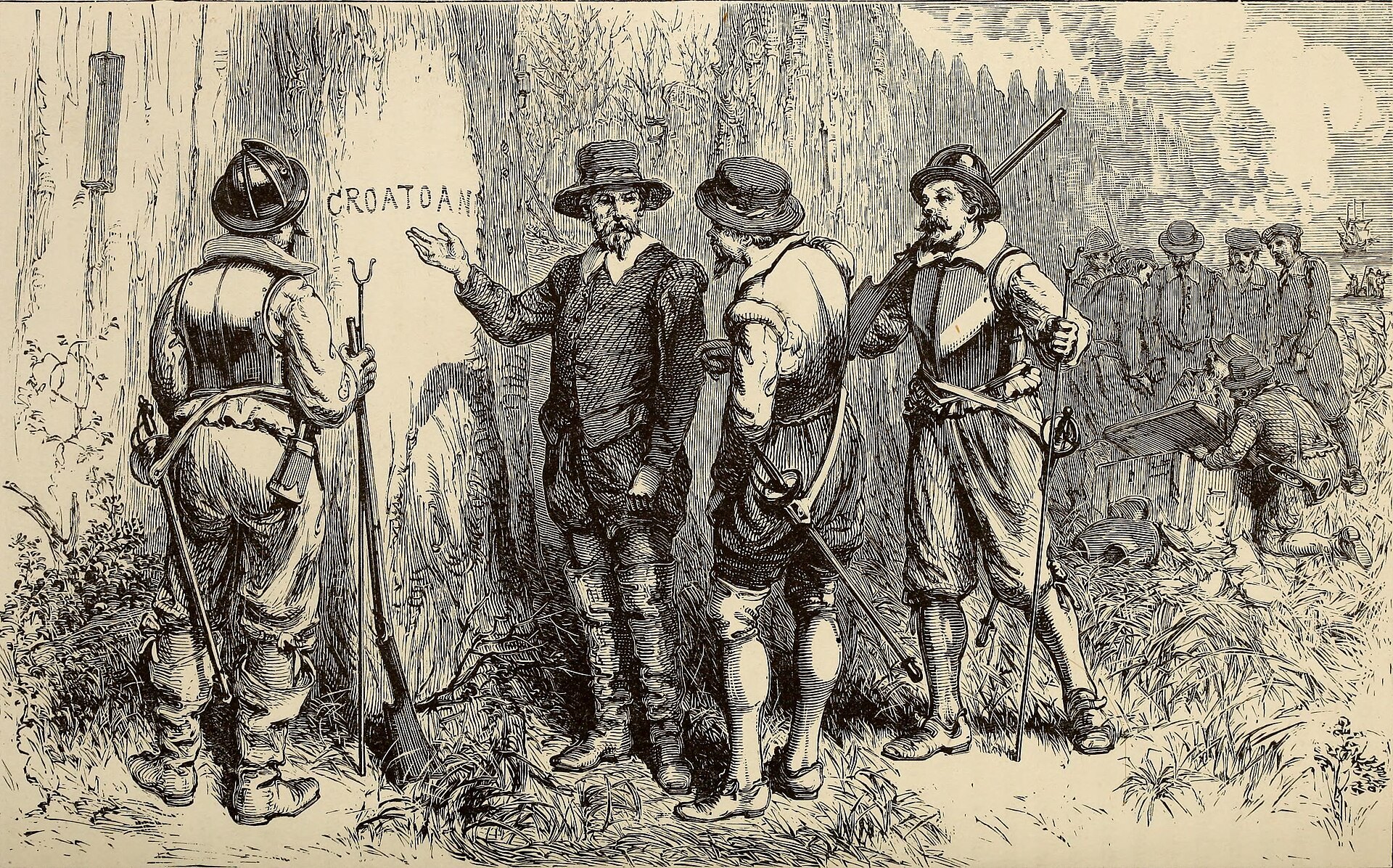 John White finds the word CROATOAN carved into a post, as imagined in an 1876 engraving.
